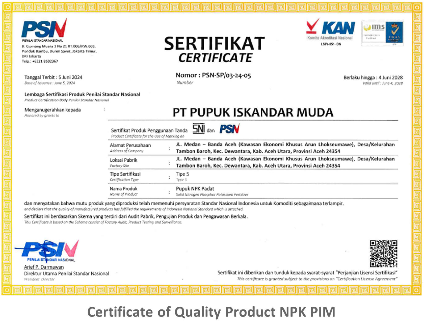 Certificate of Quality Product NPK PIM