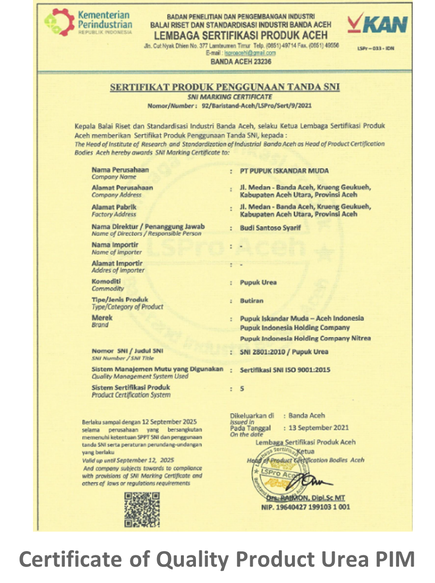 Certificate of Quality Product Urea PIM