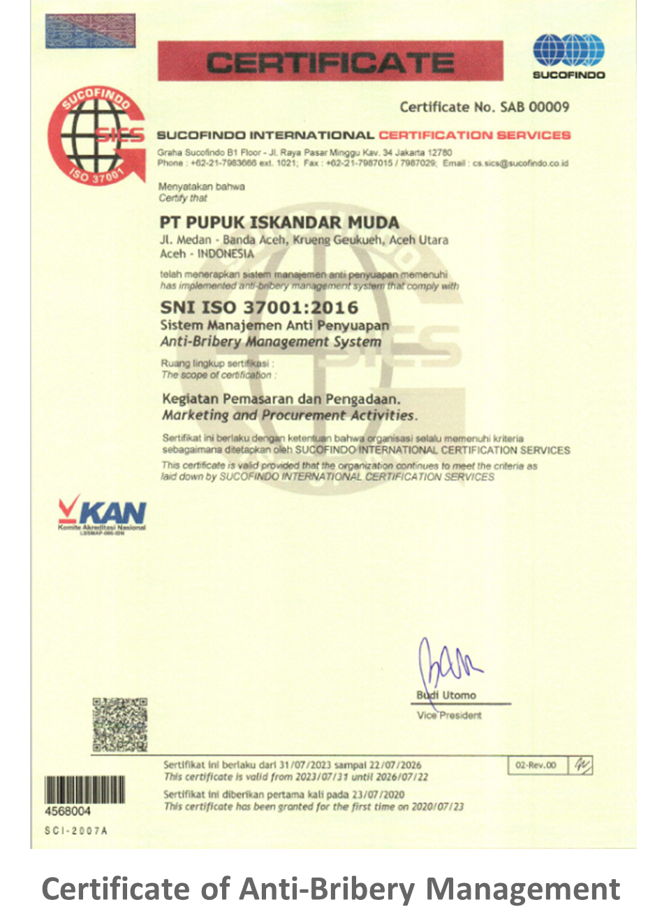 Certificate of Anti-Bribery Management System